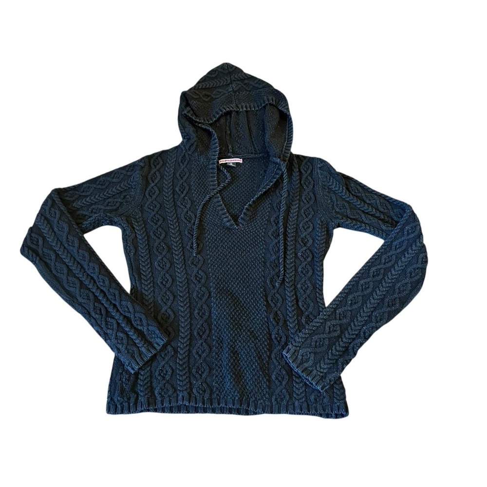 Vtg Polo Jeans Ralph Lauren Womens Cable Knit Hooded Pullover Sweater Black S